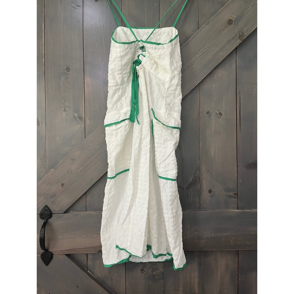 Anthropologie Celandine White Green Textured Midi Dress Lace Up Back Small - Picture 5 of 9